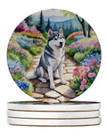 Siberian Husky Spring Path Large Sandstone Coasters Pack of 4 Absorbent Round Coasters Decor Gifts for Men or Women, 4 in, Multicolor