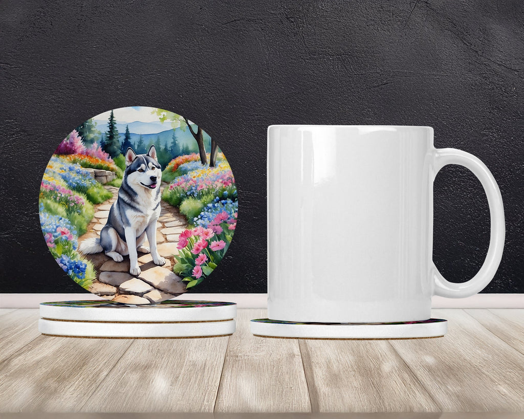 Siberian Husky Spring Path Large Sandstone Coasters Pack of 4 Absorbent Round Coasters Decor Gifts for Men or Women, 4 in, Multicolor