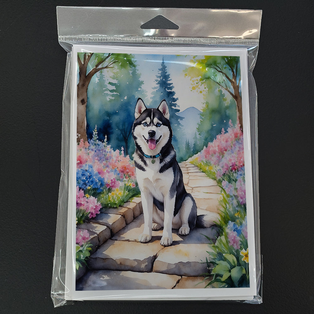 Siberian Husky Spring Path Greeting Cards Pack of 8 Blank Cards with Envelopes Whimsical A7 Size 5x7