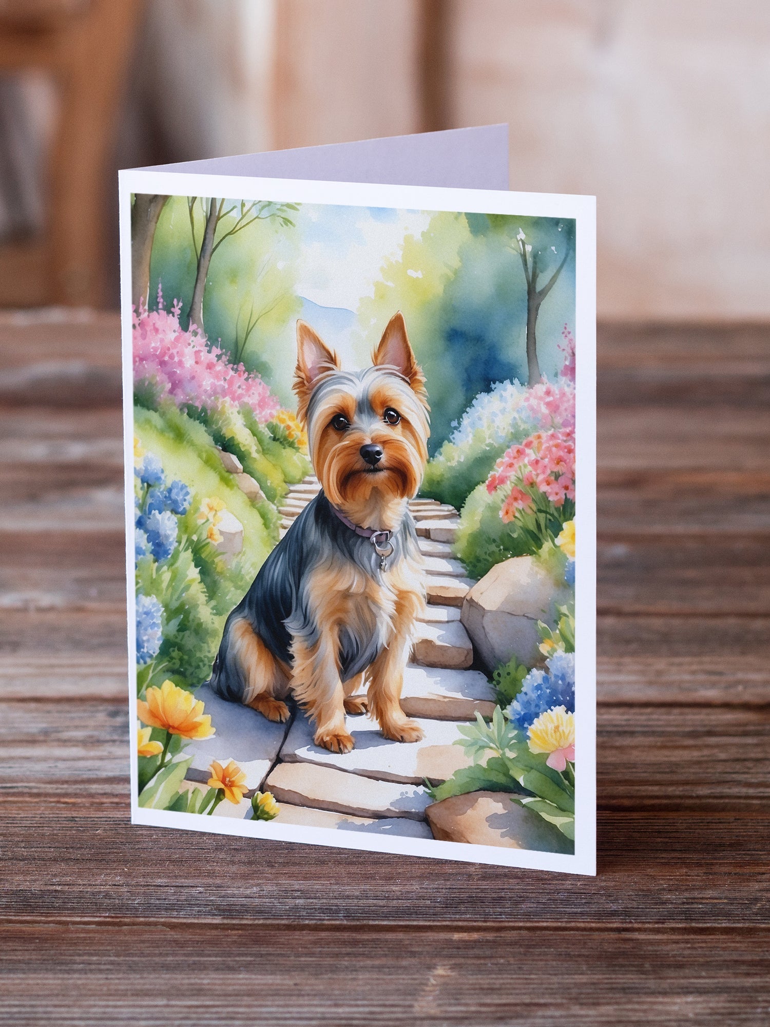 Silky Terrier Spring Path Greeting Cards Pack of 8 Blank Cards with Envelopes Whimsical A7 Size 5x7