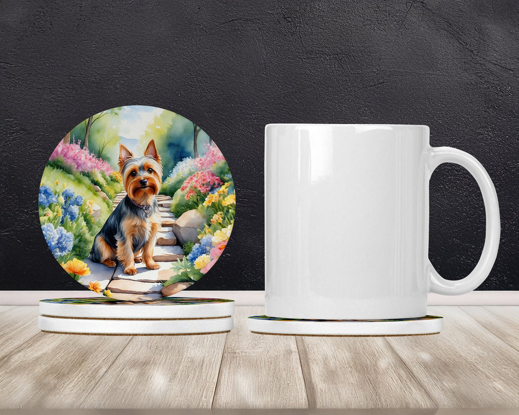 Silky Terrier Spring Path Large Sandstone Coasters Pack of 4 Absorbent Round Coasters Decor Gifts for Men or Women, 4 in, Multicolor