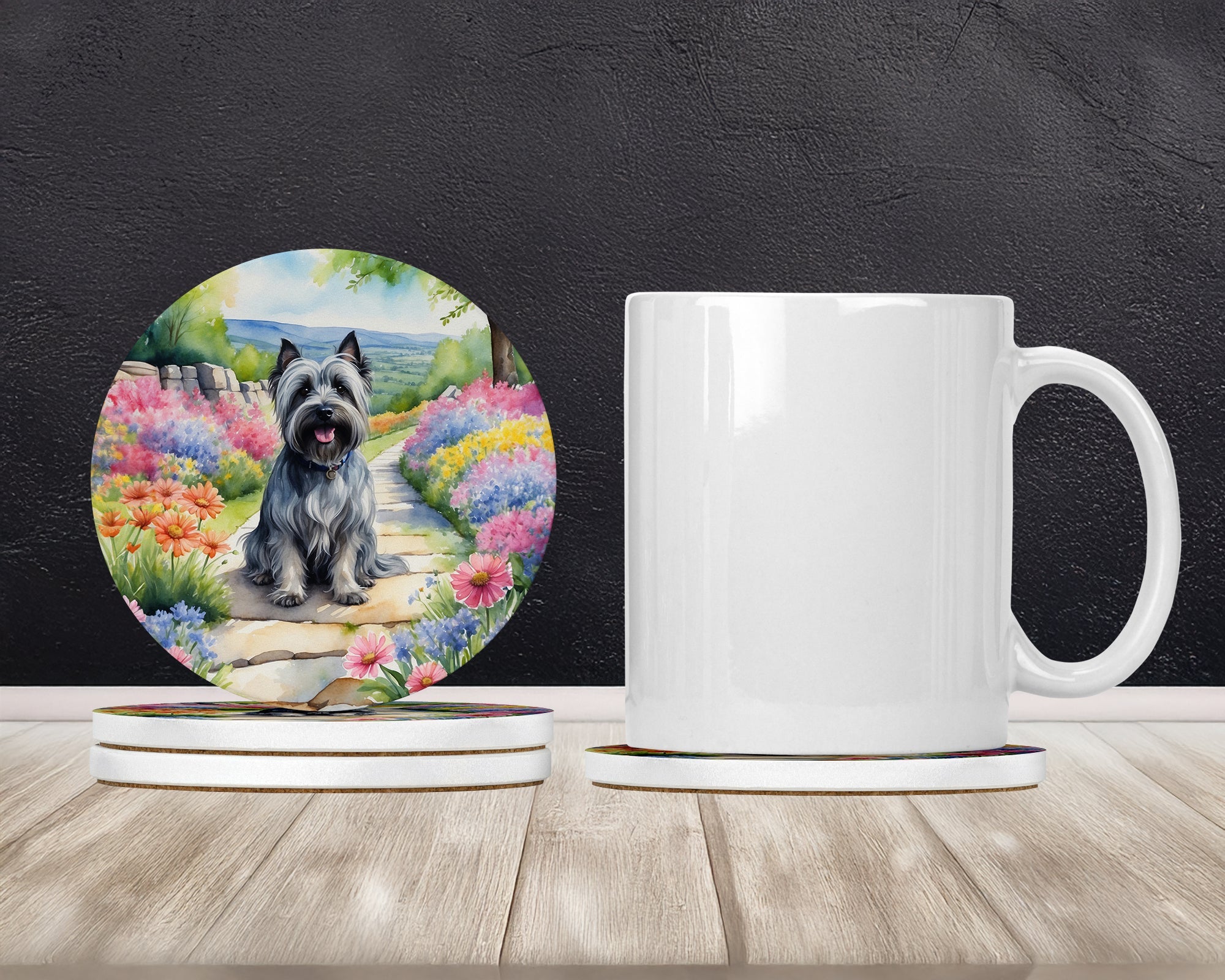 Skye Terrier Spring Path Large Sandstone Coasters Pack of 4 Absorbent Round Coasters Decor Gifts for Men or Women, 4 in, Multicolor