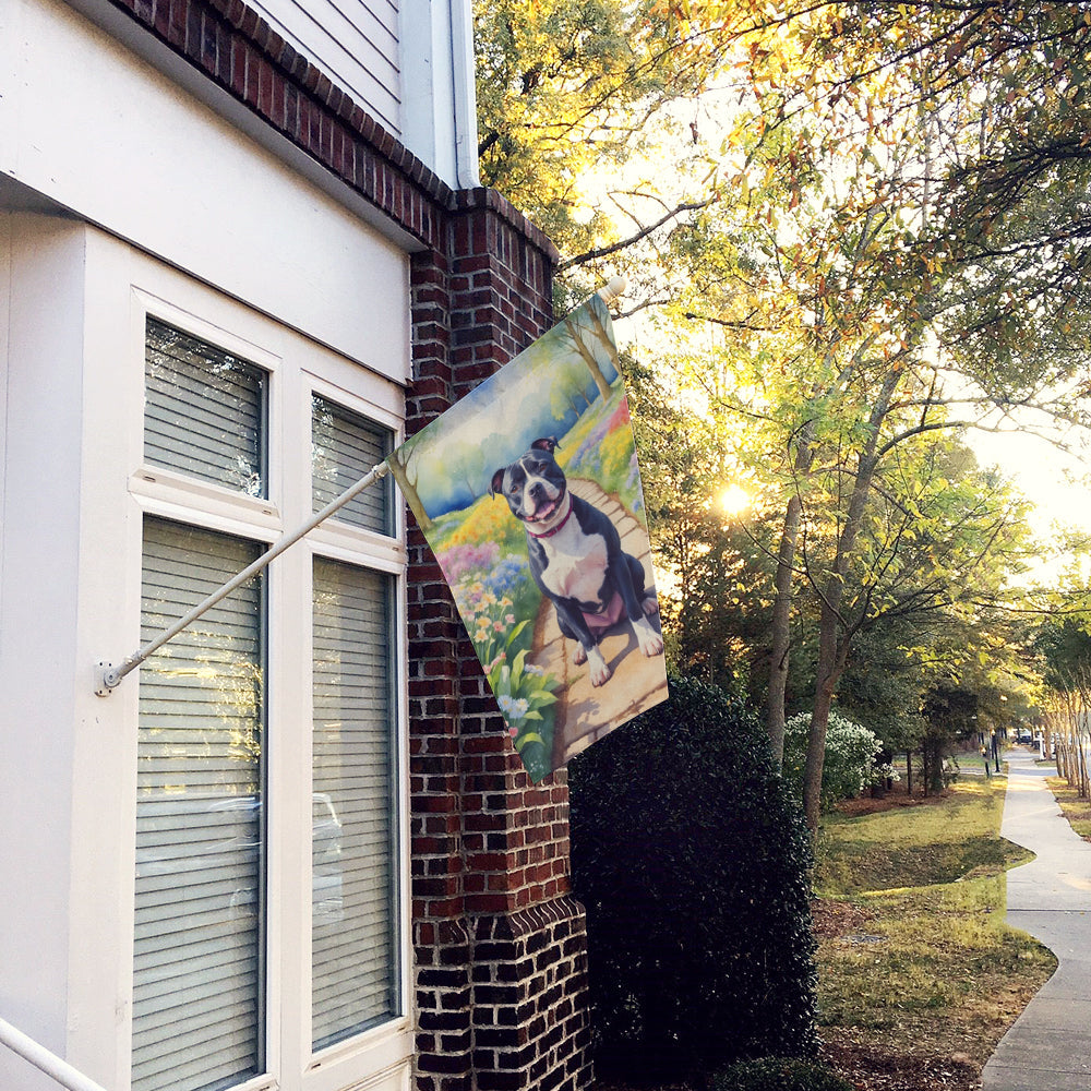 Staffordshire Bull Terrier Spring Path House Flag 28x40 Porch Sleeve Pole Decorative Outside Yard Banner Artwork Wall Hanging, Polyester