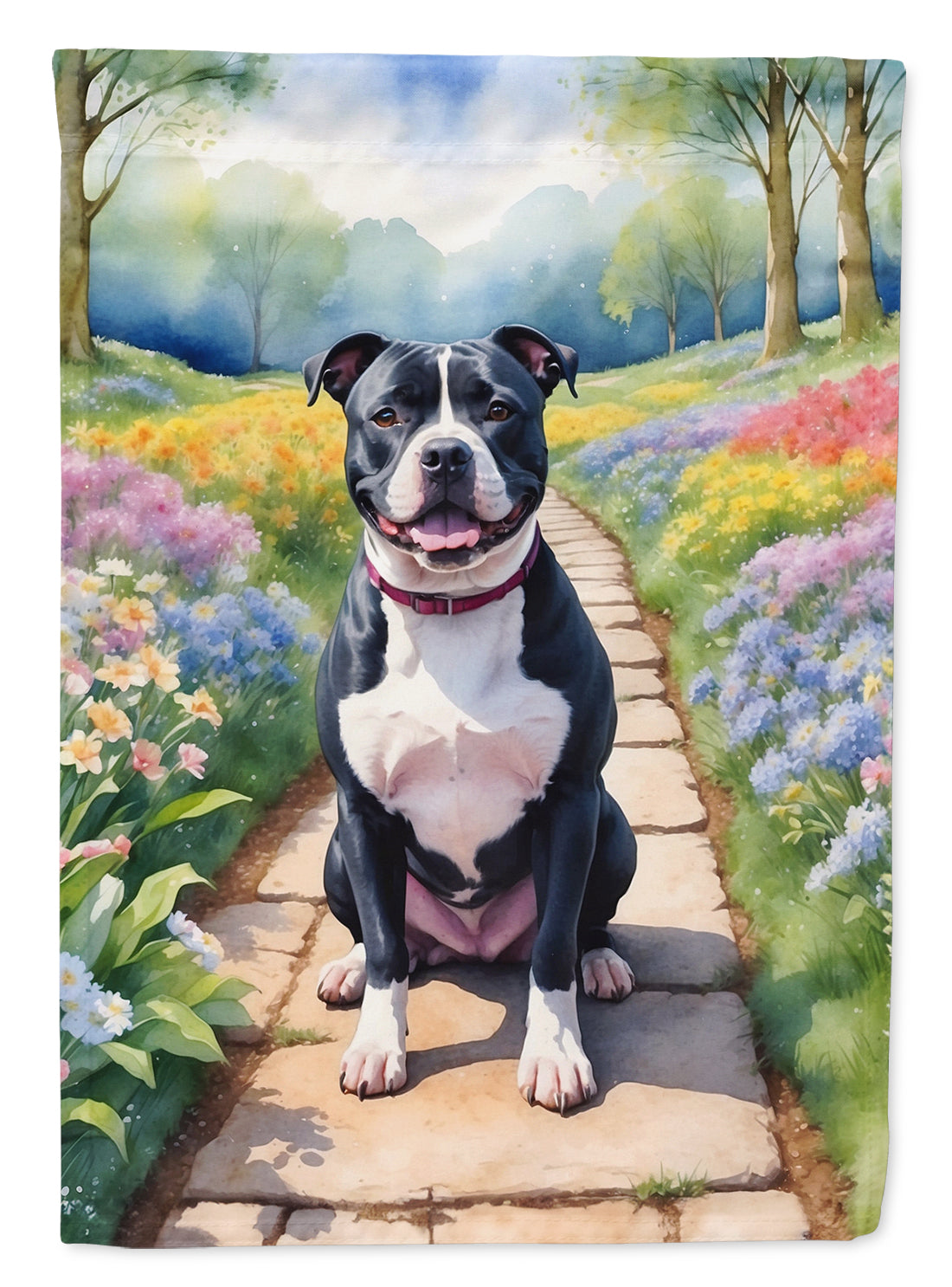 Staffordshire Bull Terrier Spring Path Garden Flag Mailbox Decorative Yard Banner Outside Patio Artwork for Flower Beds, Garden Size, Multicolor