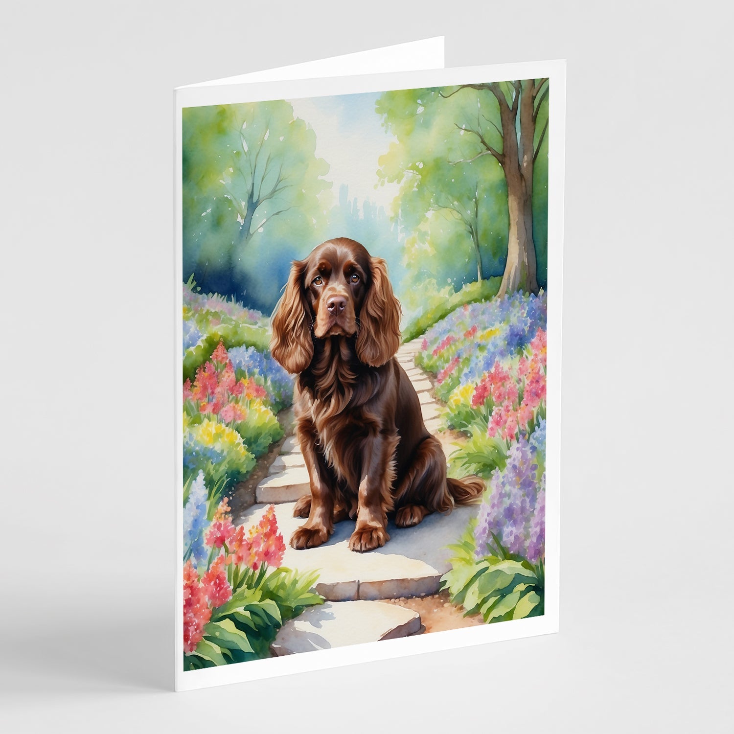 Sussex Spaniel Spring Path Greeting Cards Pack of 8 Blank Cards with Envelopes Whimsical A7 Size 5x7
