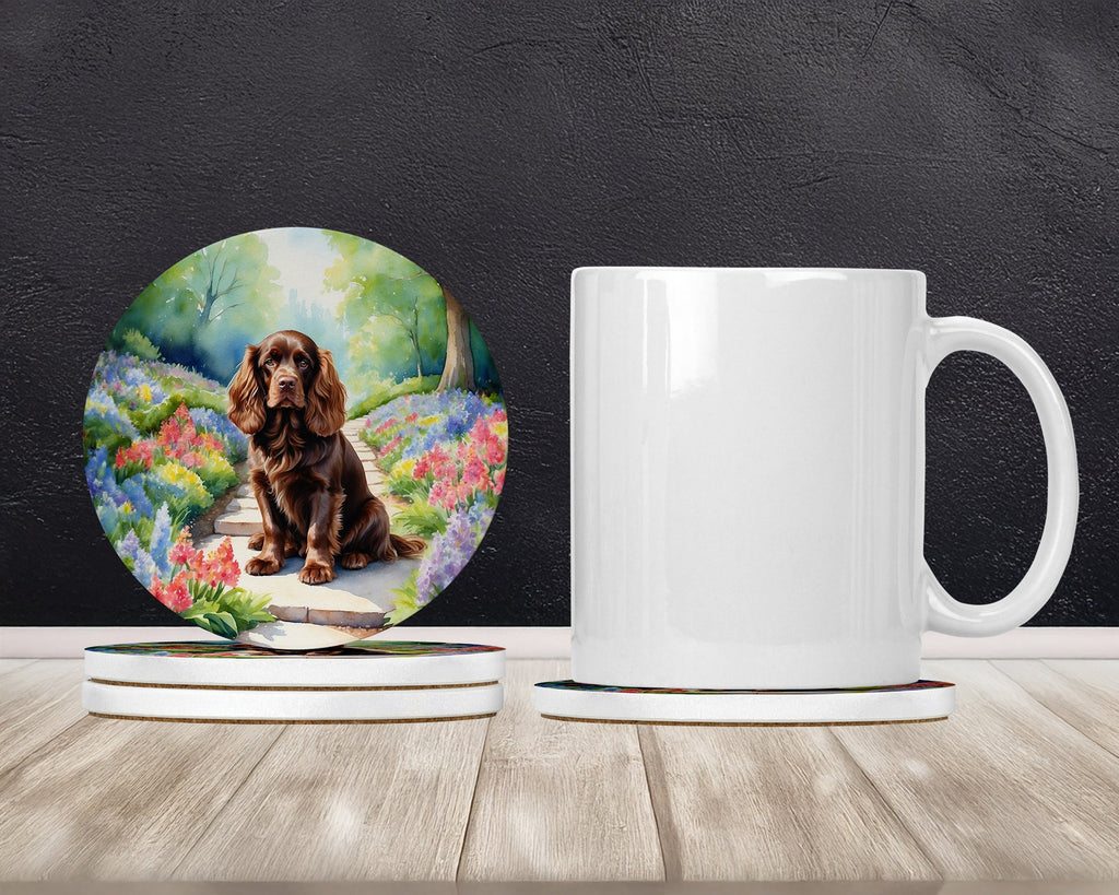 Sussex Spaniel Spring Path Large Sandstone Coasters Pack of 4 Absorbent Round Coasters Decor Gifts for Men or Women, 4 in, Multicolor