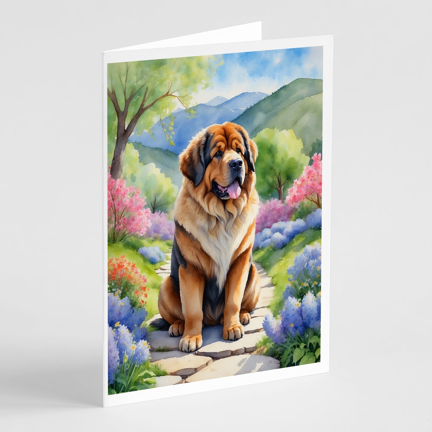 Tibetan Mastiff Spring Path Greeting Cards Pack of 8 Blank Cards with Envelopes Whimsical A7 Size 5x7