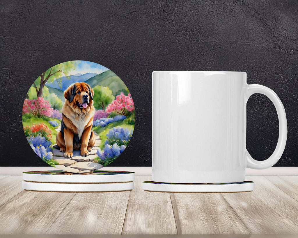 Tibetan Mastiff Spring Path Large Sandstone Coasters Pack of 4 Absorbent Round Coasters Decor Gifts for Men or Women, 4 in, Multicolor