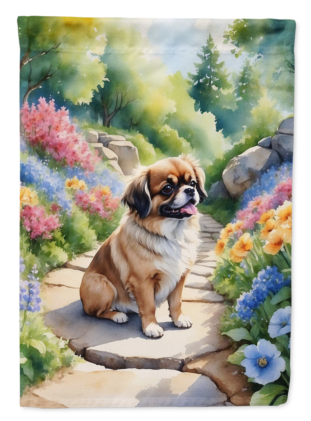 Tibetan Spaniel Spring Path House Flag 28x40 Porch Sleeve Pole Decorative Outside Yard Banner Artwork Wall Hanging, Polyester