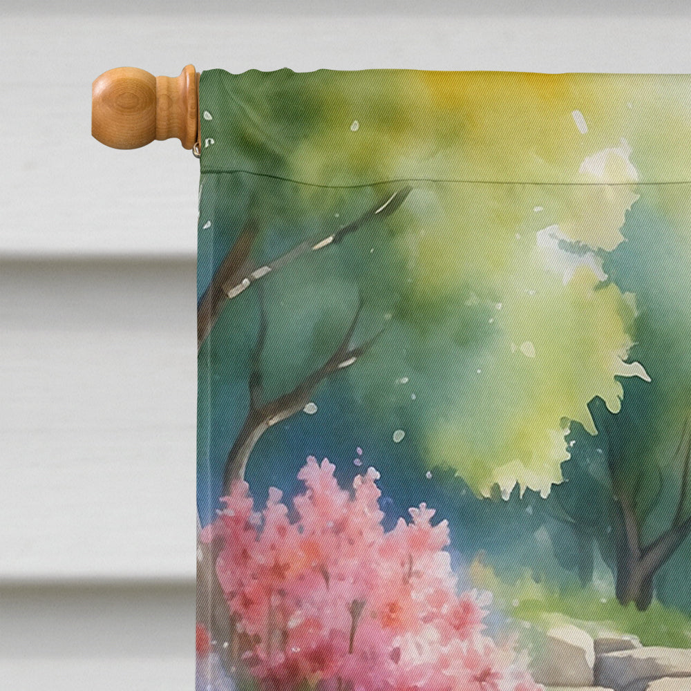 Tibetan Spaniel Spring Path House Flag 28x40 Porch Sleeve Pole Decorative Outside Yard Banner Artwork Wall Hanging, Polyester