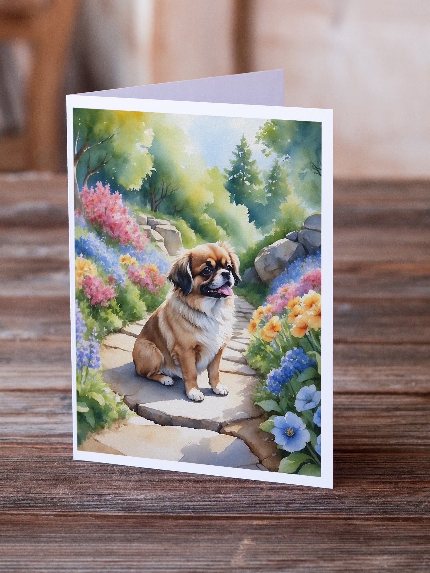 Tibetan Spaniel Spring Path Greeting Cards Pack of 8 Blank Cards with Envelopes Whimsical A7 Size 5x7