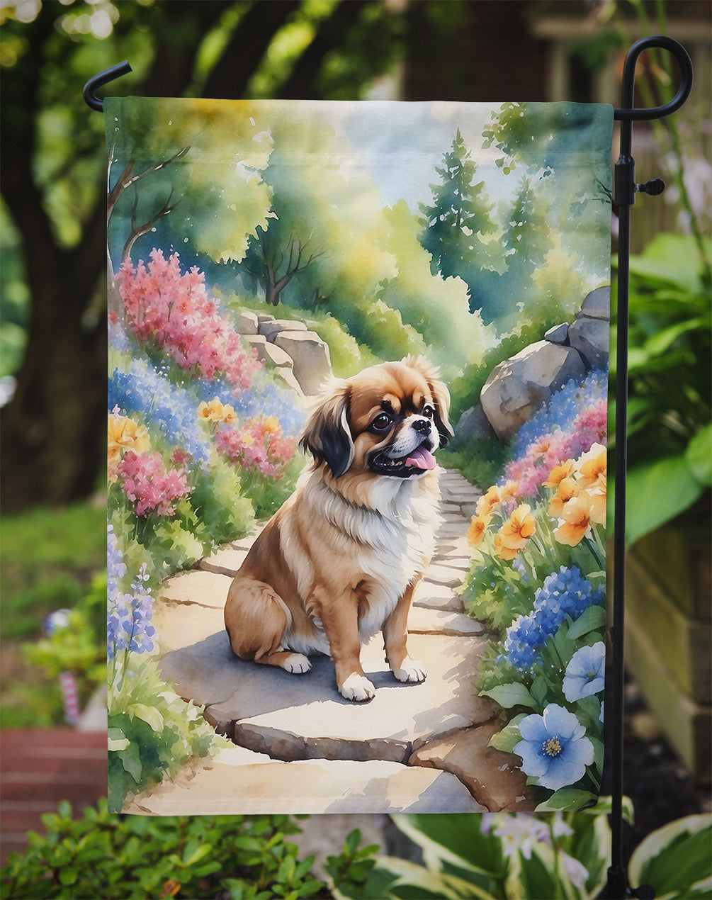 Tibetan Spaniel Spring Path Garden Flag Mailbox Decorative Yard Banner Outside Patio Artwork for Flower Beds, Garden Size, Multicolor