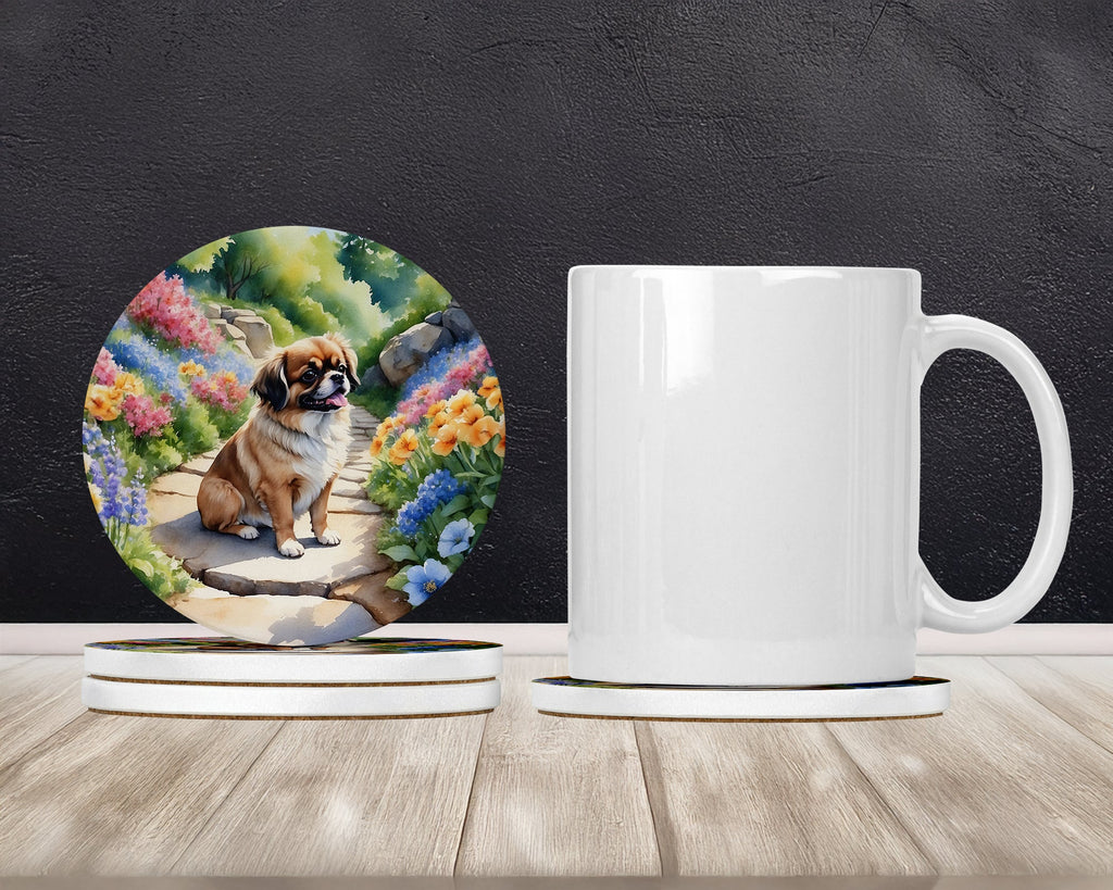 Tibetan Spaniel Spring Path Large Sandstone Coasters Pack of 4 Absorbent Round Coasters Decor Gifts for Men or Women, 4 in, Multicolor