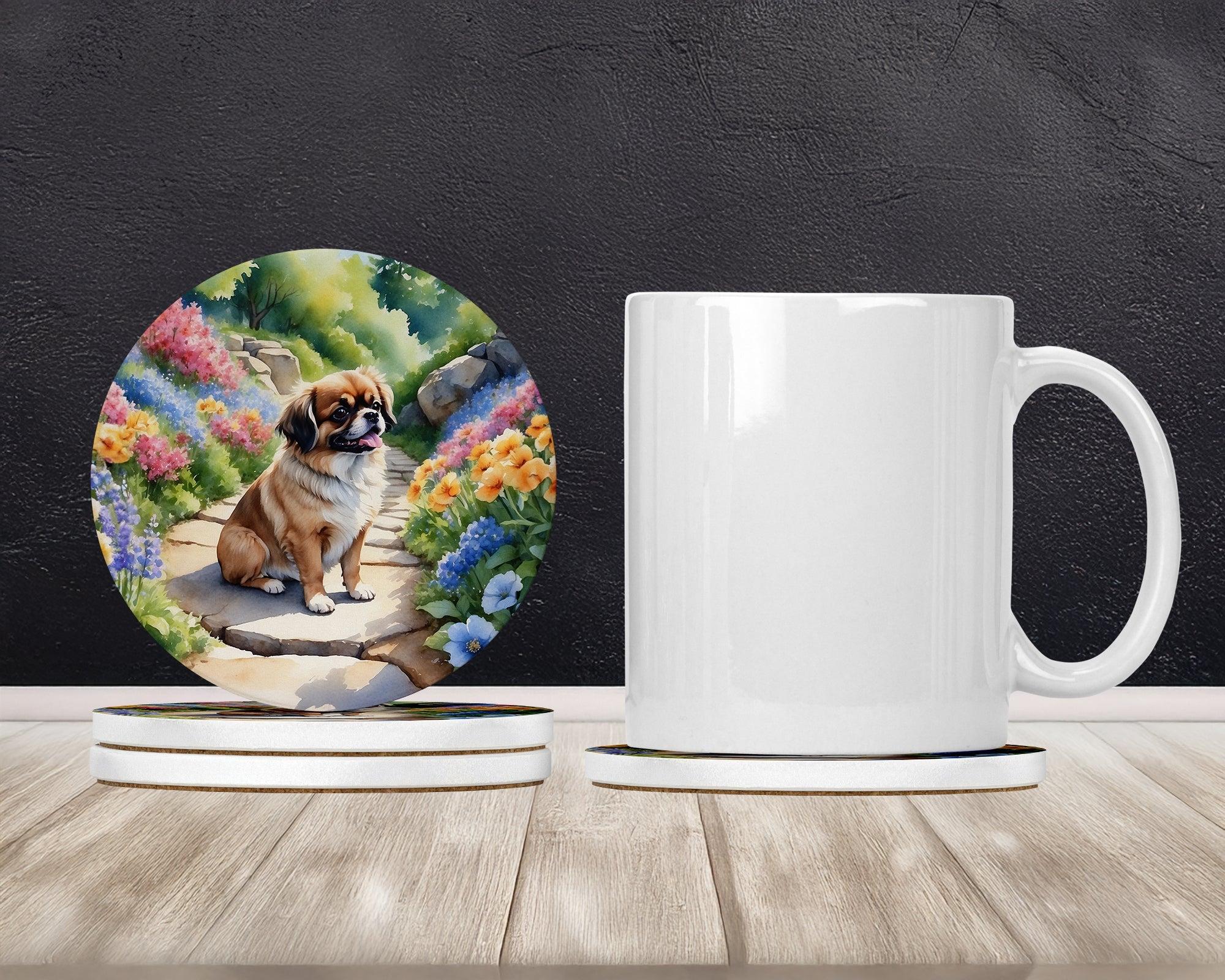 Tibetan Spaniel Spring Path Large Sandstone Coasters Pack of 4 Absorbent Round Coasters Decor Gifts for Men or Women, 4 in, Multicolor