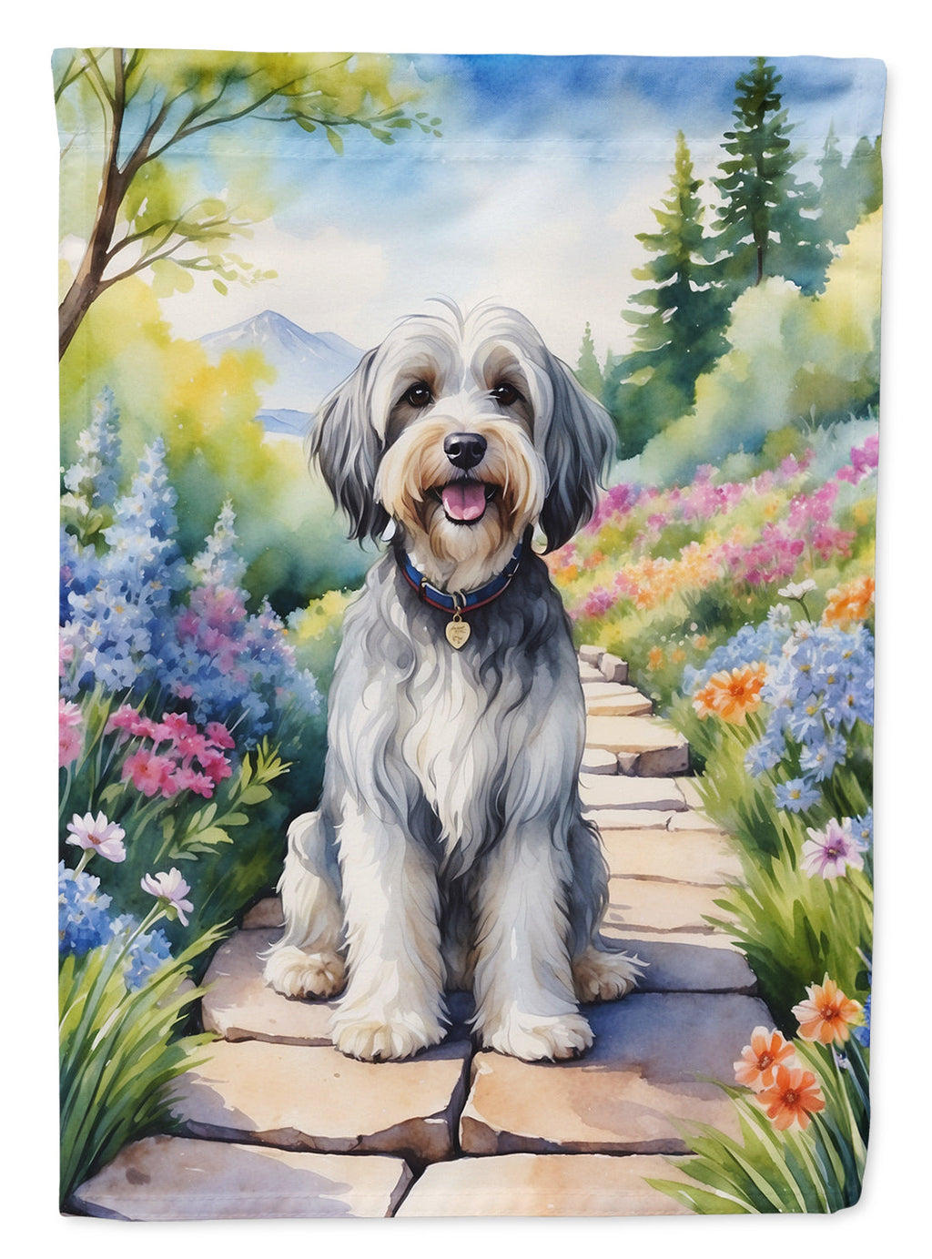 Tibetan Terrier Spring Path House Flag 28x40 Porch Sleeve Pole Decorative Outside Yard Banner Artwork Wall Hanging, Polyester