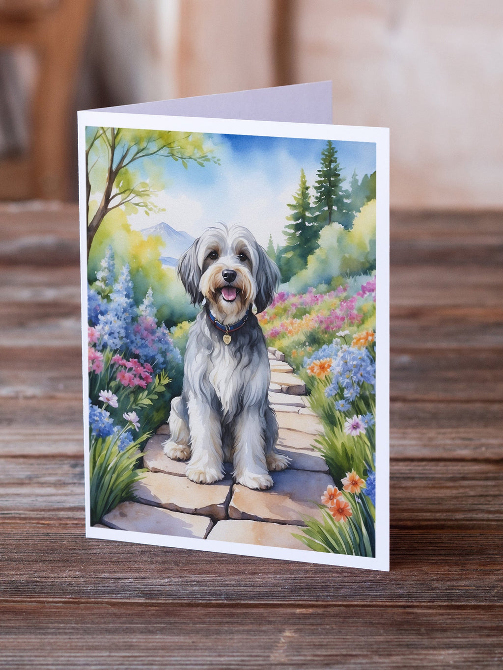 Tibetan Terrier Spring Path Greeting Cards Pack of 8 Blank Cards with Envelopes Whimsical A7 Size 5x7
