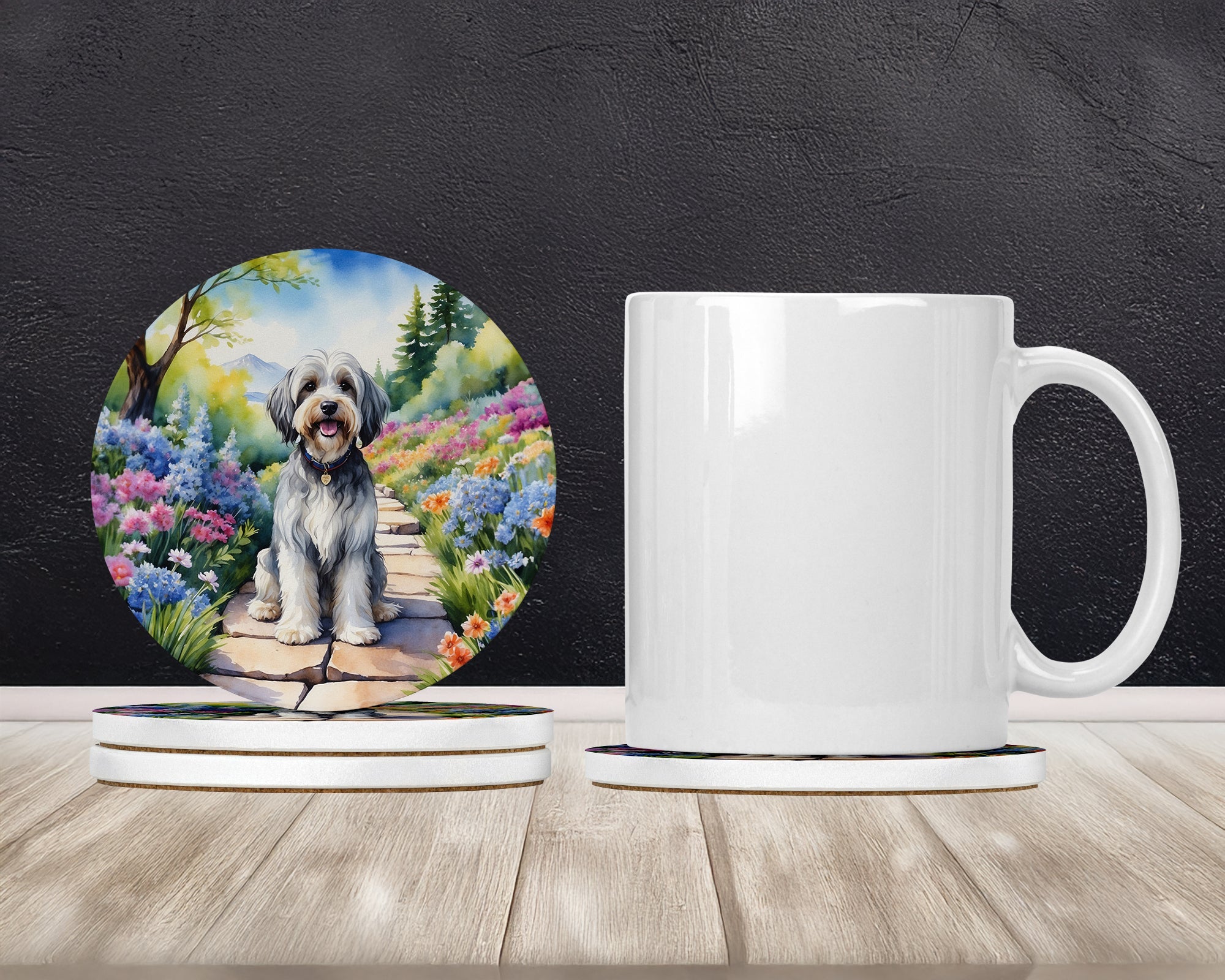 Tibetan Terrier Spring Path Large Sandstone Coasters Pack of 4 Absorbent Round Coasters Decor Gifts for Men or Women, 4 in, Multicolor