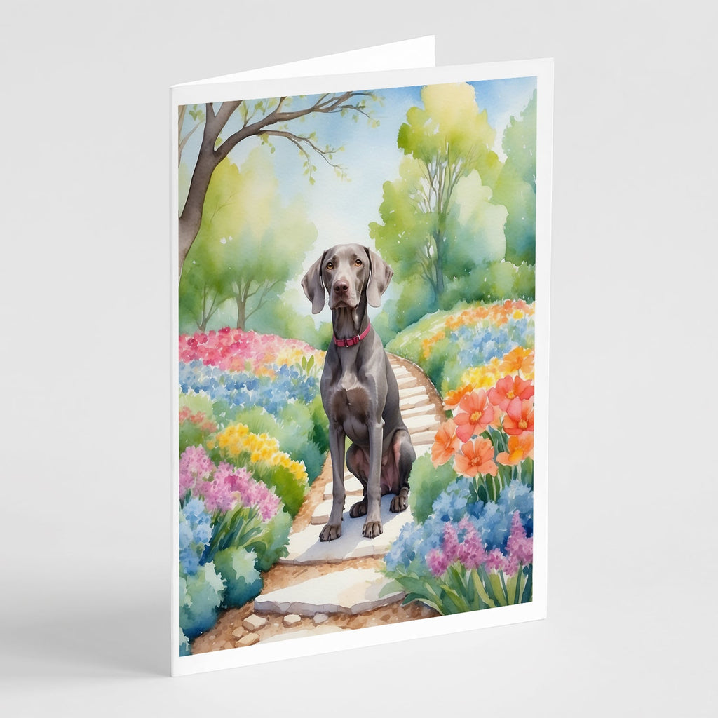 Weimaraner Spring Path Greeting Cards Pack of 8 Blank Cards with Envelopes Whimsical A7 Size 5x7