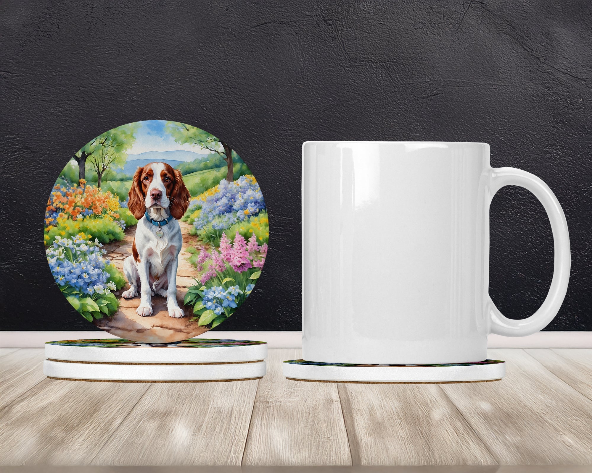 Welsh Springer Spaniel Spring Path Large Sandstone Coasters Pack of 4 Absorbent Round Coasters Decor Gifts for Men or Women, 4 in, Multicolor