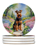 Welsh Terrier Spring Path Large Sandstone Coasters Pack of 4 Absorbent Round Coasters Decor Gifts for Men or Women, 4 in, Multicolor