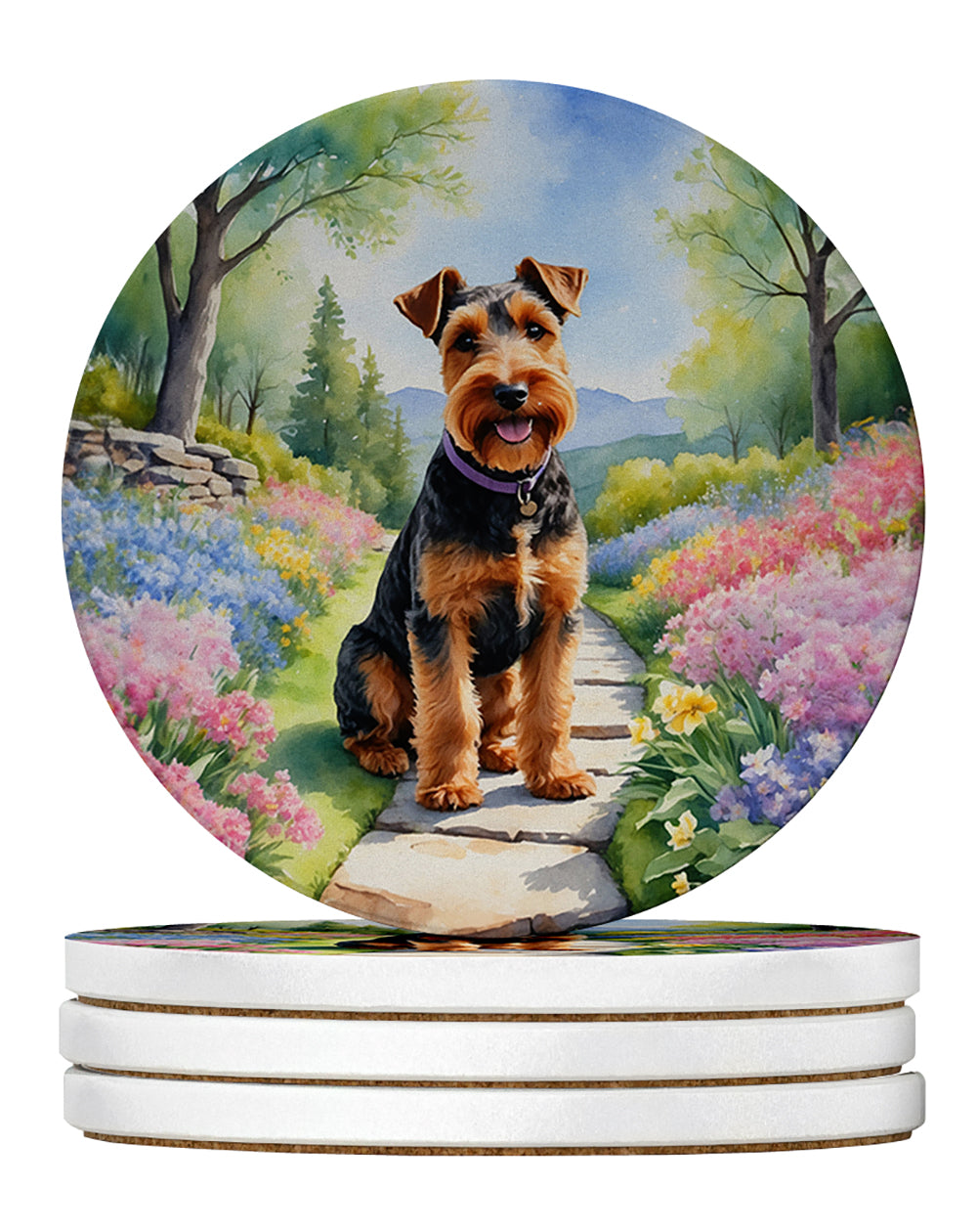 Welsh Terrier Spring Path Large Sandstone Coasters Pack of 4 Absorbent Round Coasters Decor Gifts for Men or Women, 4 in, Multicolor