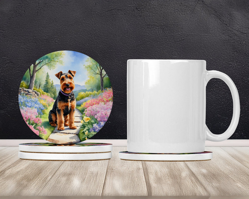 Welsh Terrier Spring Path Large Sandstone Coasters Pack of 4 Absorbent Round Coasters Decor Gifts for Men or Women, 4 in, Multicolor