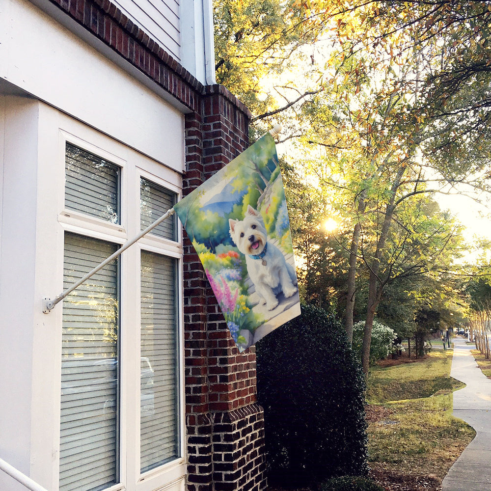 Westie Spring Path House Flag 28x40 Porch Sleeve Pole Decorative Outside Yard Banner Artwork Wall Hanging, Polyester