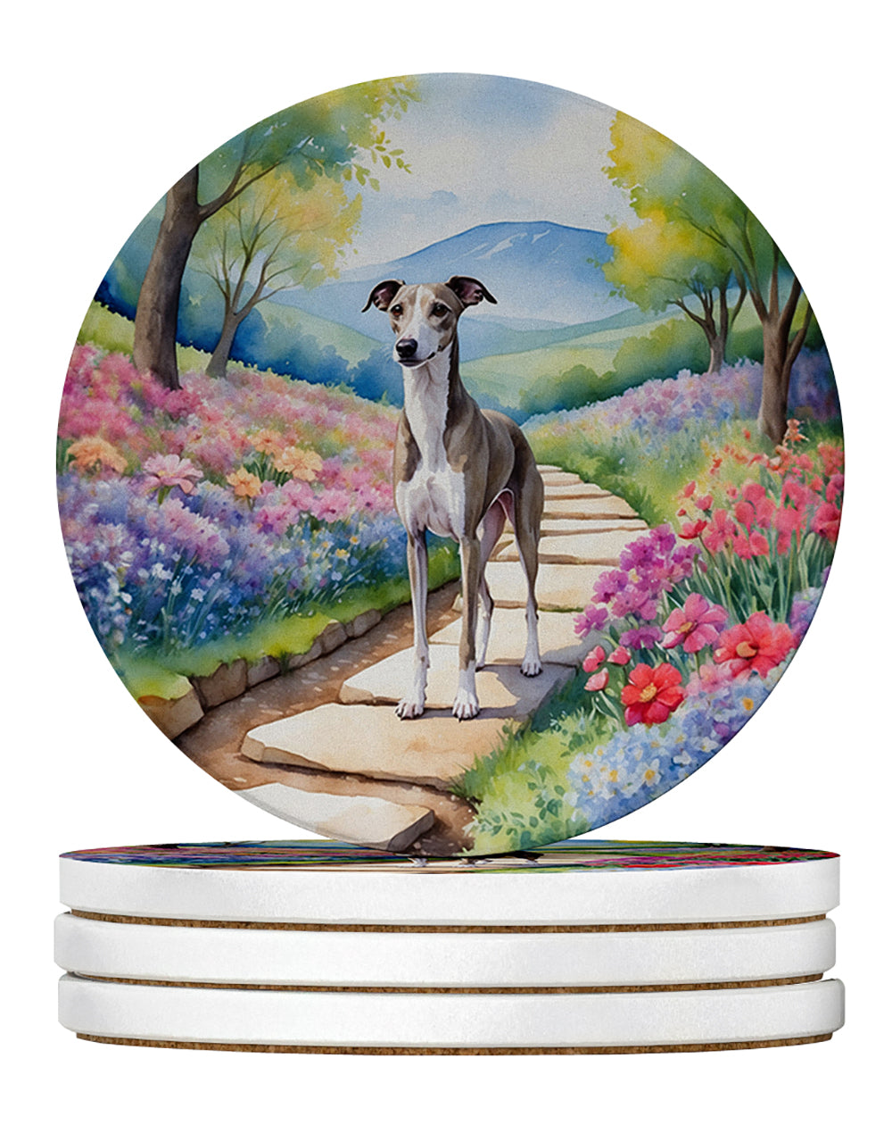 Whippet Spring Path Large Sandstone Coasters Pack of 4 Absorbent Round Coasters Decor Gifts for Men or Women, 4 in, Multicolor