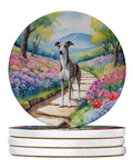 Whippet Spring Path Large Sandstone Coasters Pack of 4 Absorbent Round Coasters Decor Gifts for Men or Women, 4 in, Multicolor