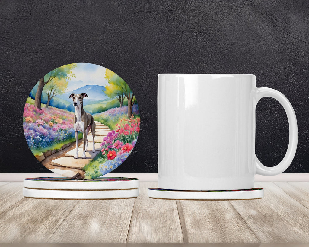 Whippet Spring Path Large Sandstone Coasters Pack of 4 Absorbent Round Coasters Decor Gifts for Men or Women, 4 in, Multicolor