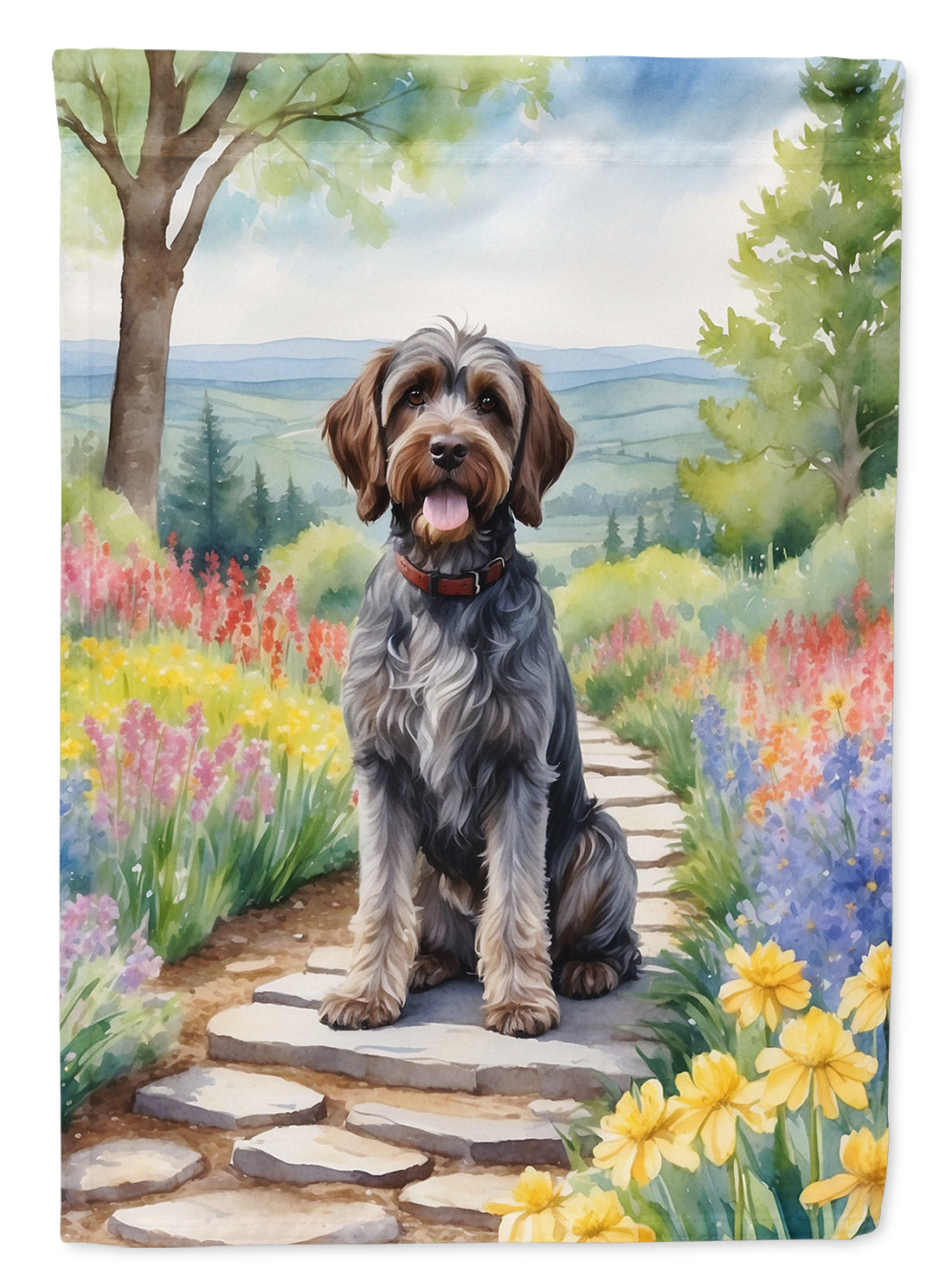 Wirehaired Pointing Griffon Spring Path House Flag 28x40 Porch Sleeve Pole Decorative Outside Yard Banner Artwork Wall Hanging, Polyester