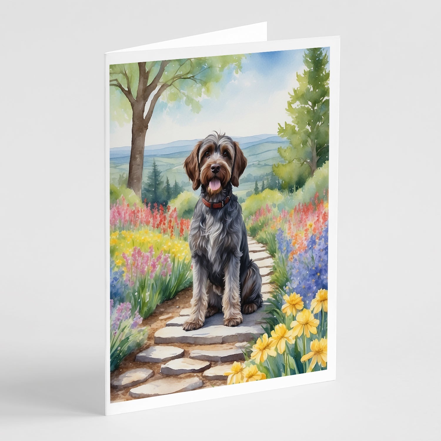 Wirehaired Pointing Griffon Spring Path Greeting Cards Pack of 8 Blank Cards with Envelopes Whimsical A7 Size 5x7