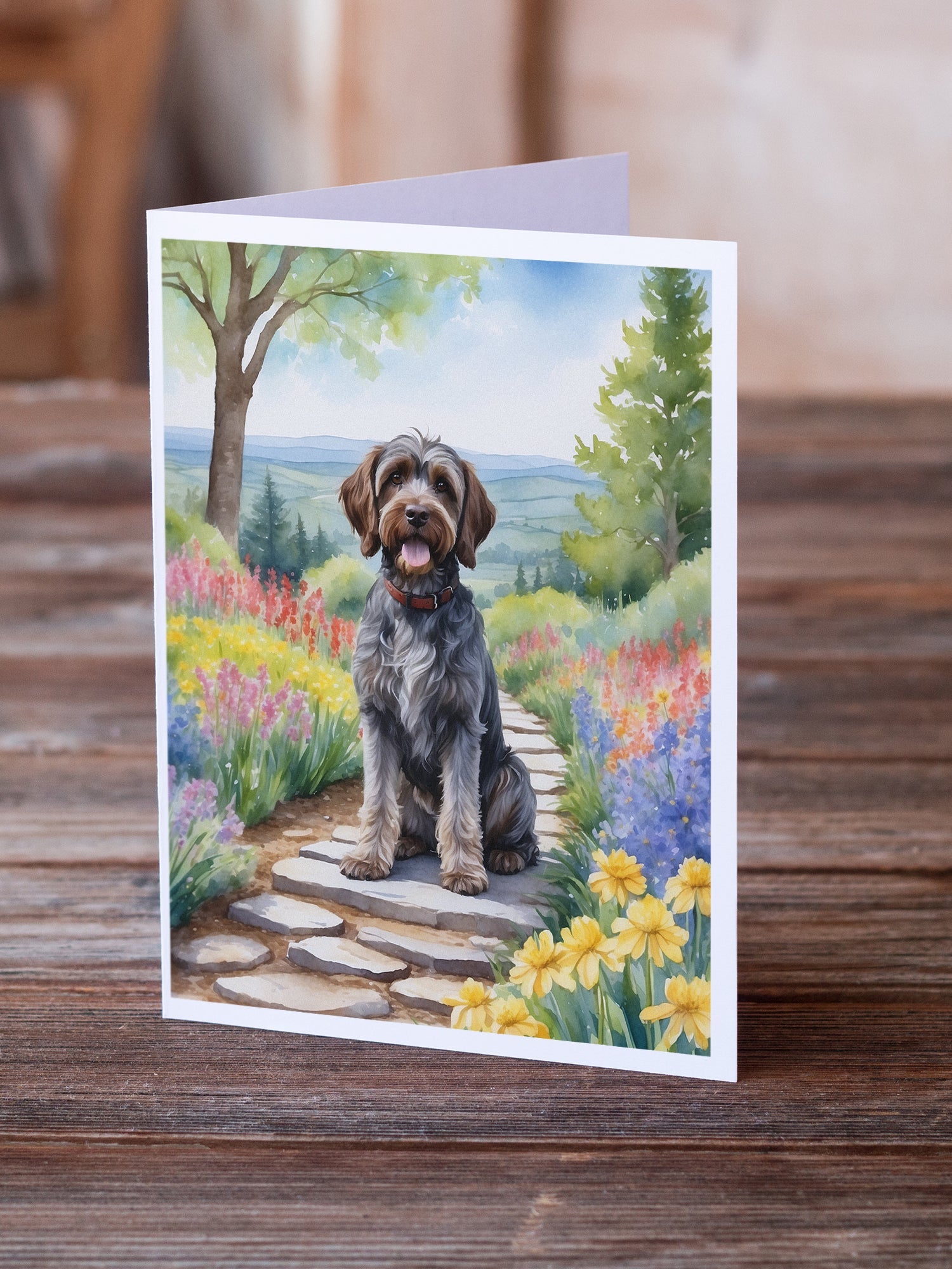 Wirehaired Pointing Griffon Spring Path Greeting Cards Pack of 8 Blank Cards with Envelopes Whimsical A7 Size 5x7