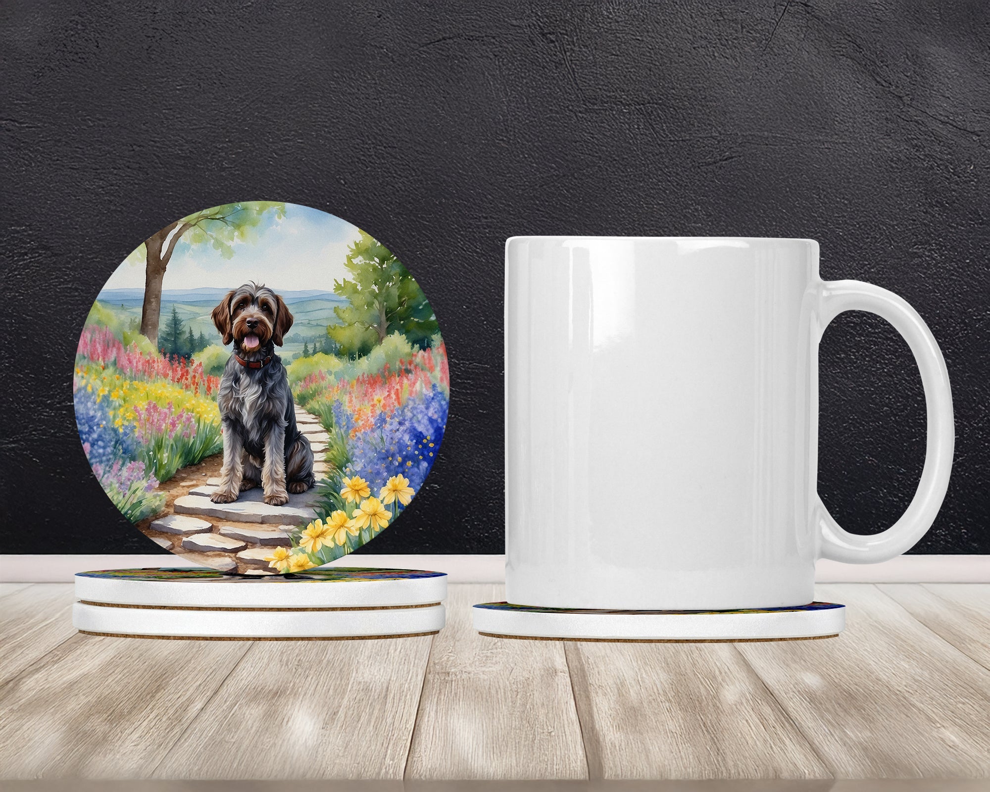 Wirehaired Pointing Griffon Spring Path Large Sandstone Coasters Pack of 4 Absorbent Round Coasters Decor Gifts for Men or Women, 4 in, Multicolor