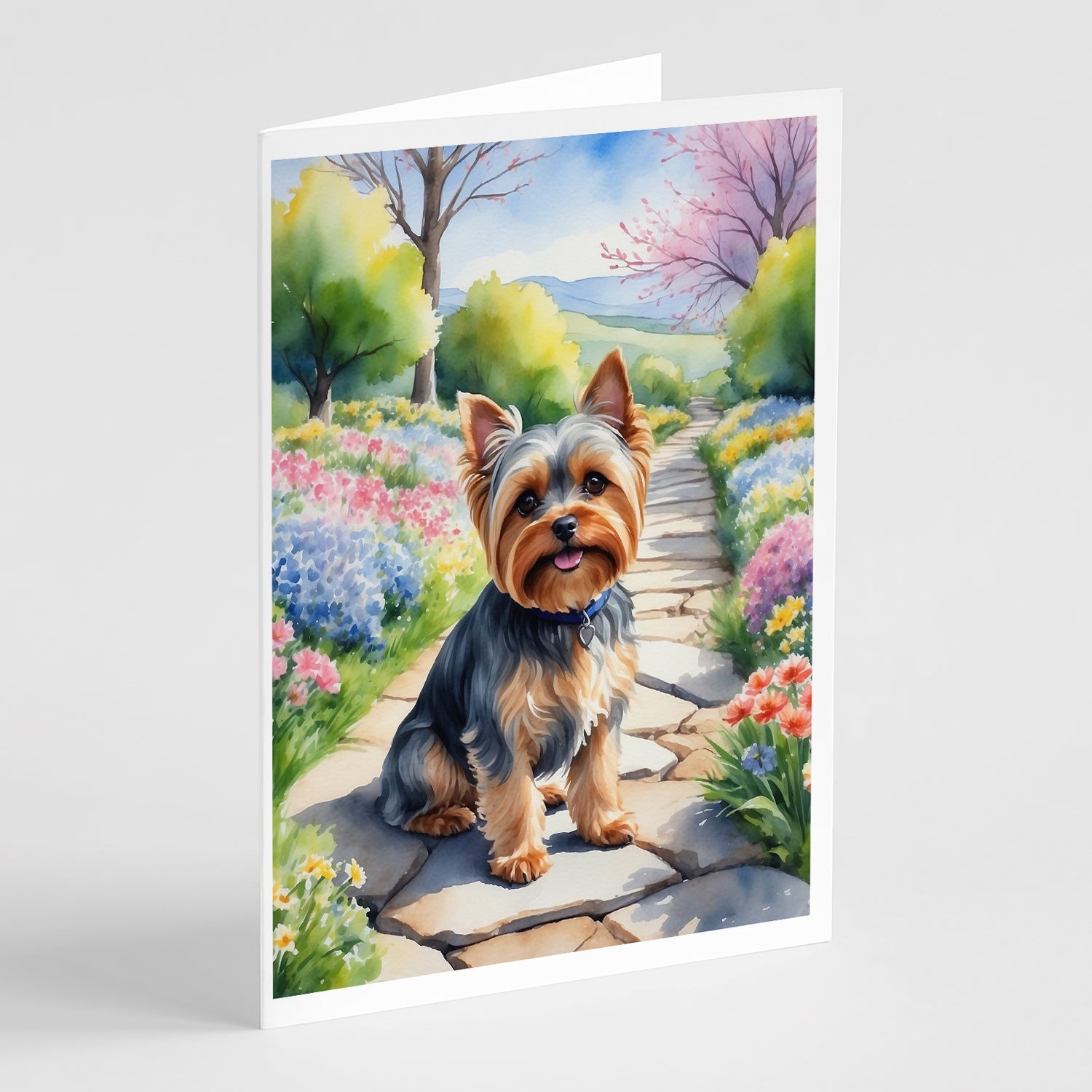 Yorkshire Terrier Spring Path Greeting Cards Pack of 8 Blank Cards with Envelopes Whimsical A7 Size 5x7