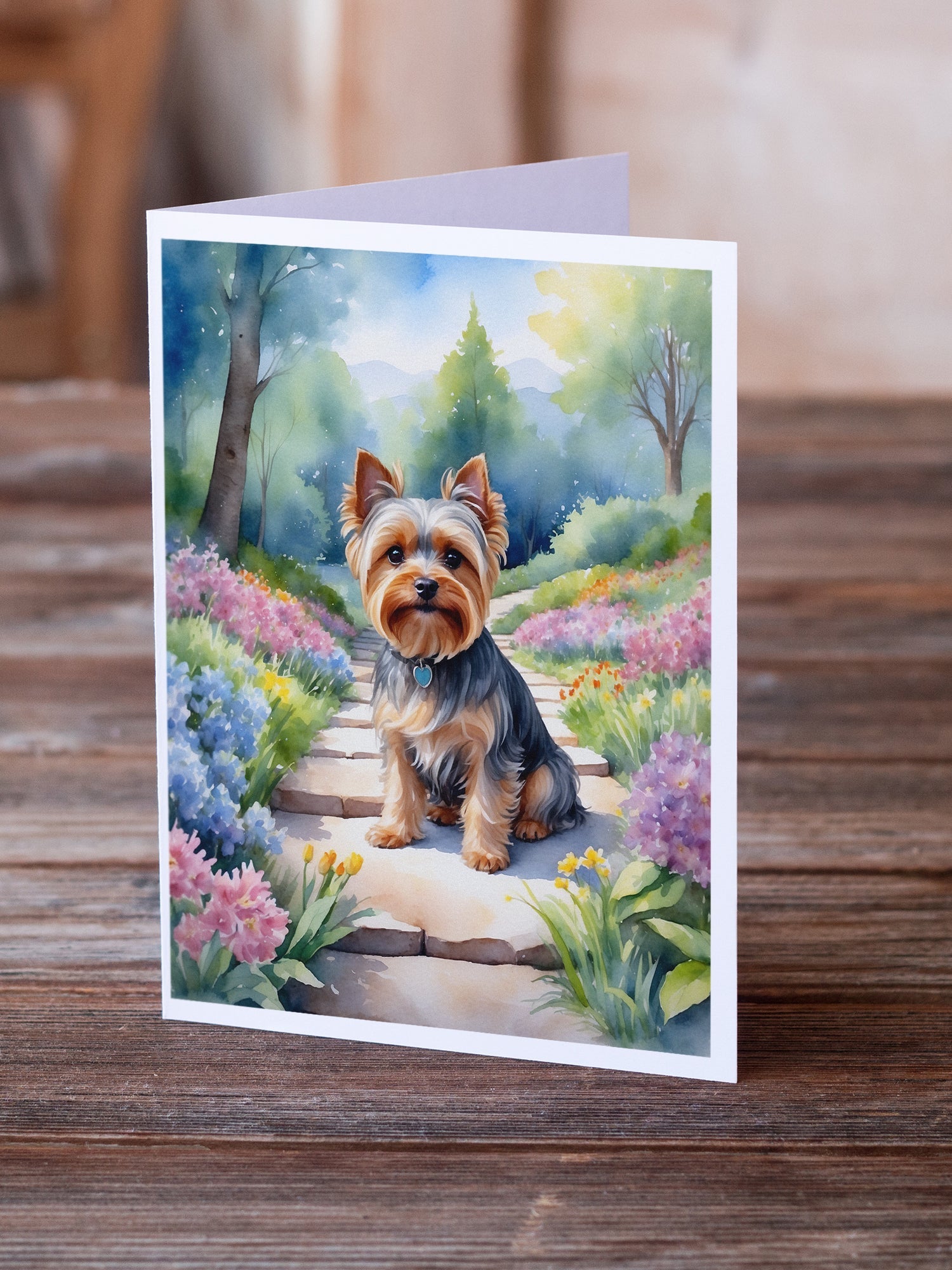 Yorkshire Terrier Spring Path Greeting Cards Pack of 8 Blank Cards with Envelopes Whimsical A7 Size 5x7
