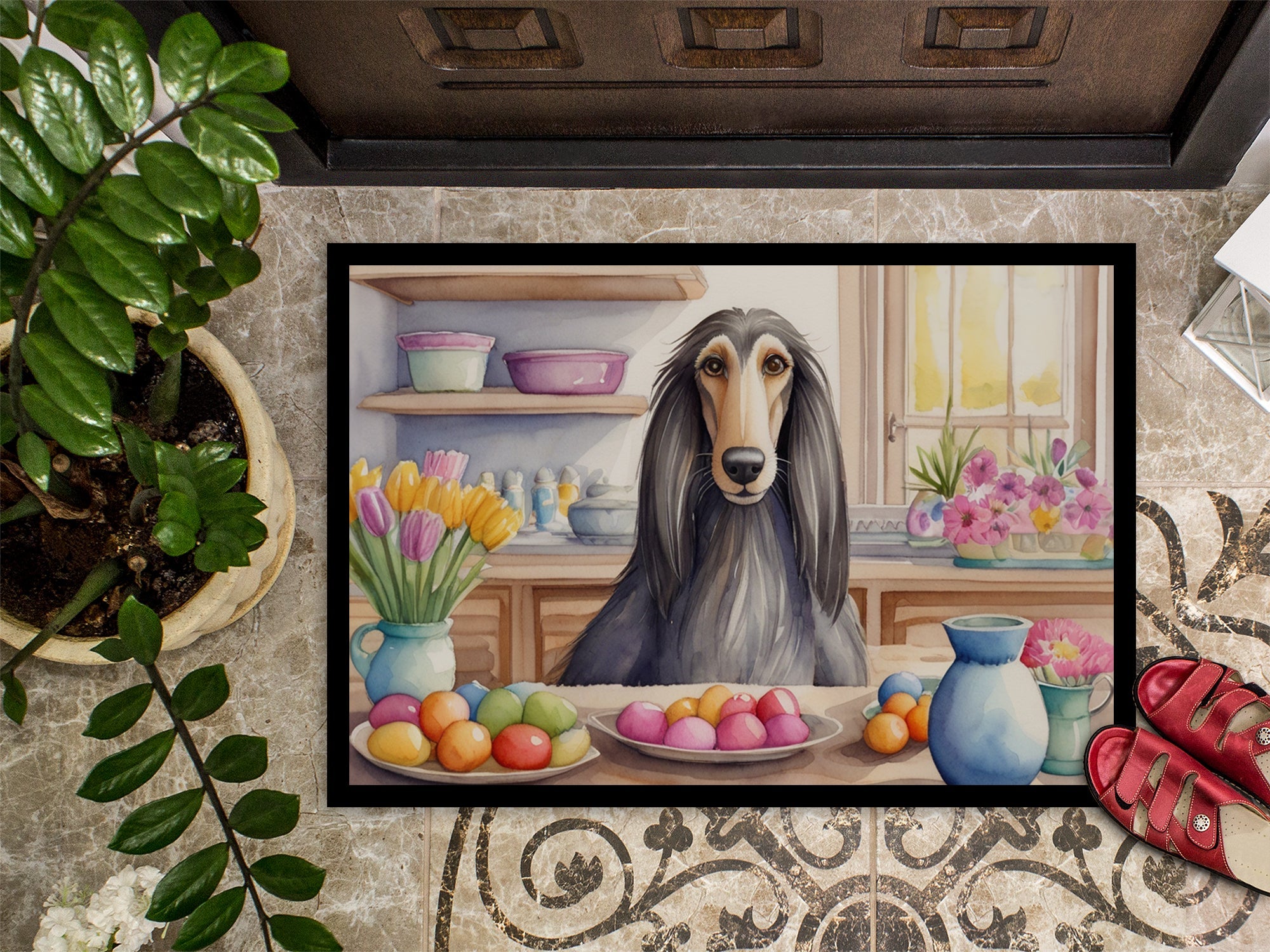 Decorating Easter Afghan Hound Doormat Indoor Outdoor 24H X 36W Front Door Mat Rugs for Entryway, Non Slip Washable Low Pile,