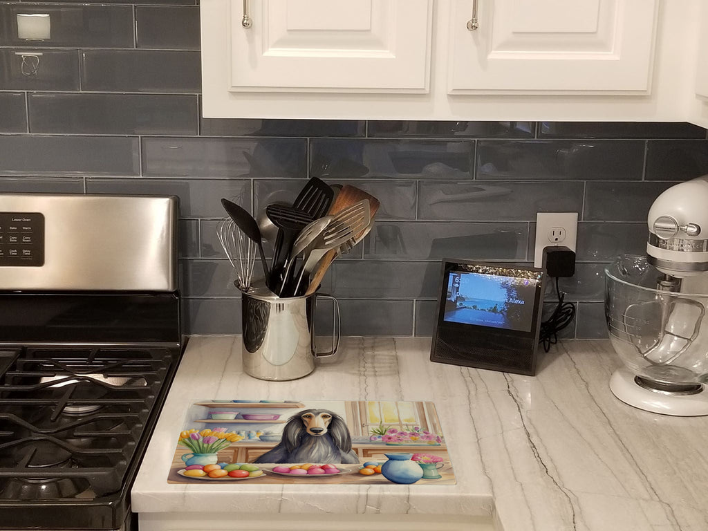 Decorating Easter Afghan Hound Cutting Board Tempered Glass Kitchen Cutting Surface, Heat Resistant Chopping, Non-Slip Feet, Food Prep & Serving