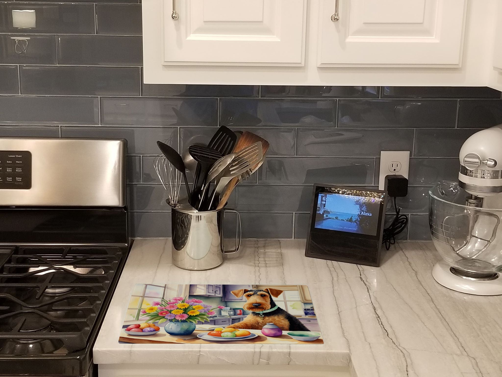 Decorating Easter Airedale Terrier Cutting Board Tempered Glass Kitchen Cutting Surface, Heat Resistant Chopping, Non-Slip Feet, Food Prep & Serving