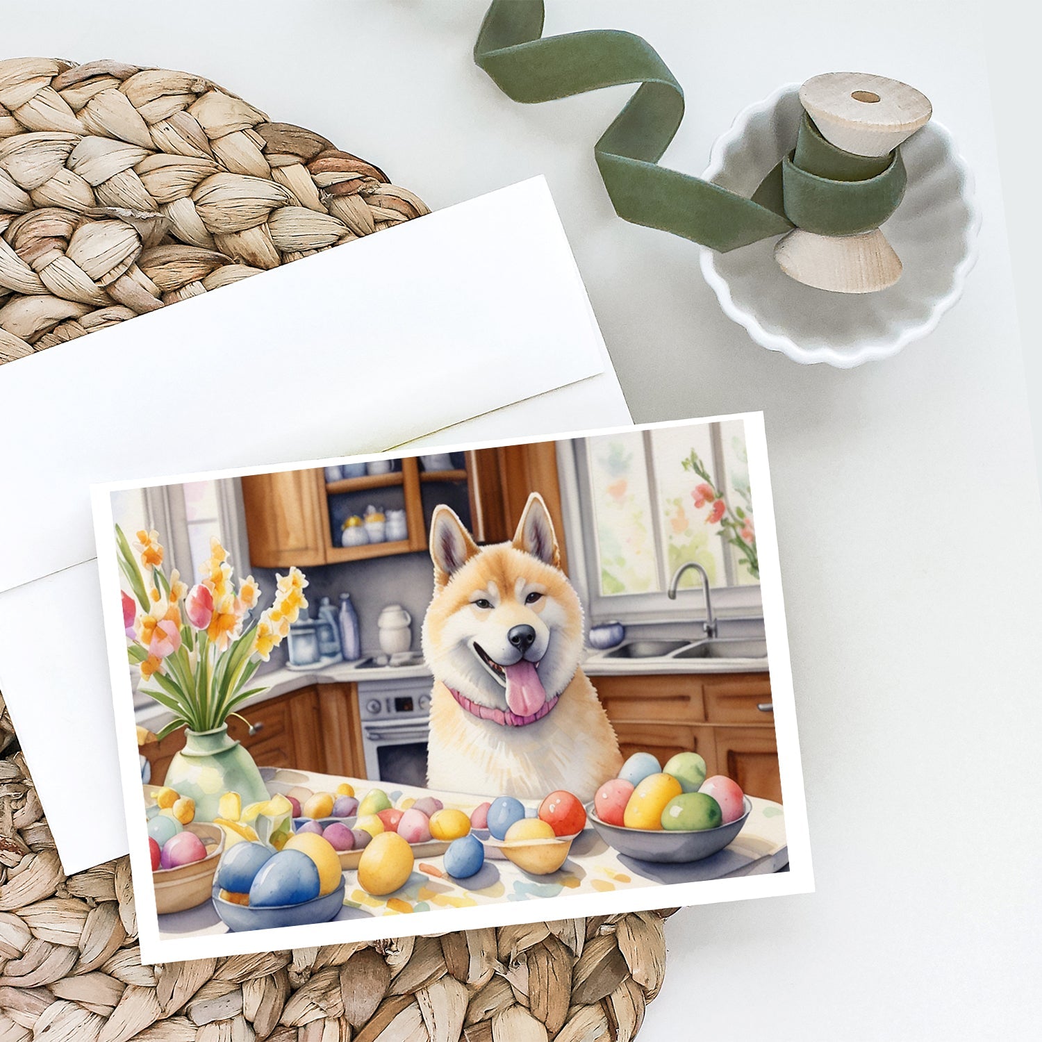 Decorating Easter Akita Greeting Cards Pack of 8 Blank Cards with Envelopes Whimsical A7 Size 5x7