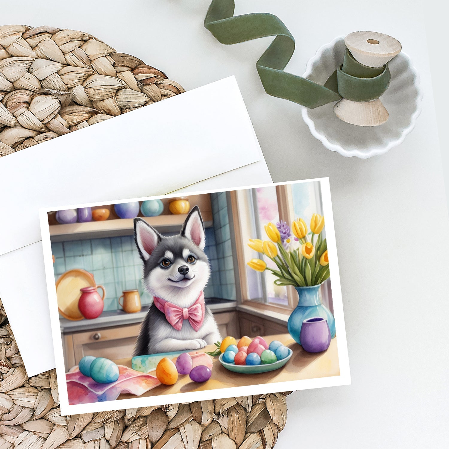 Decorating Easter Alaskan Klee Kai Greeting Cards Pack of 8 Blank Cards with Envelopes Whimsical A7 Size 5x7