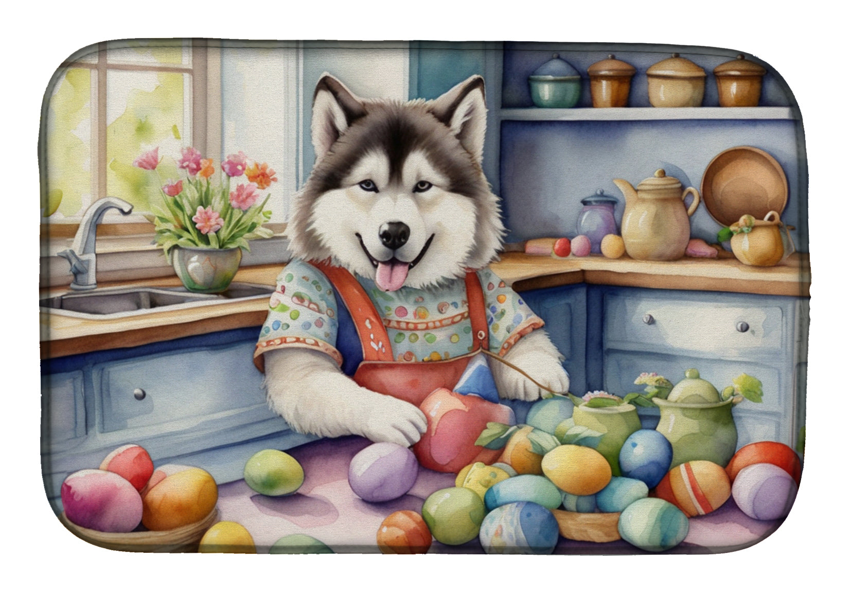 Decorating Easter Alaskan Malamute Dish Drying Mat Absorbent Dish Drying Mat Pad for Kitchen Counter Dish Drainer Mat for Countertop, 14 x 21", Multicolor