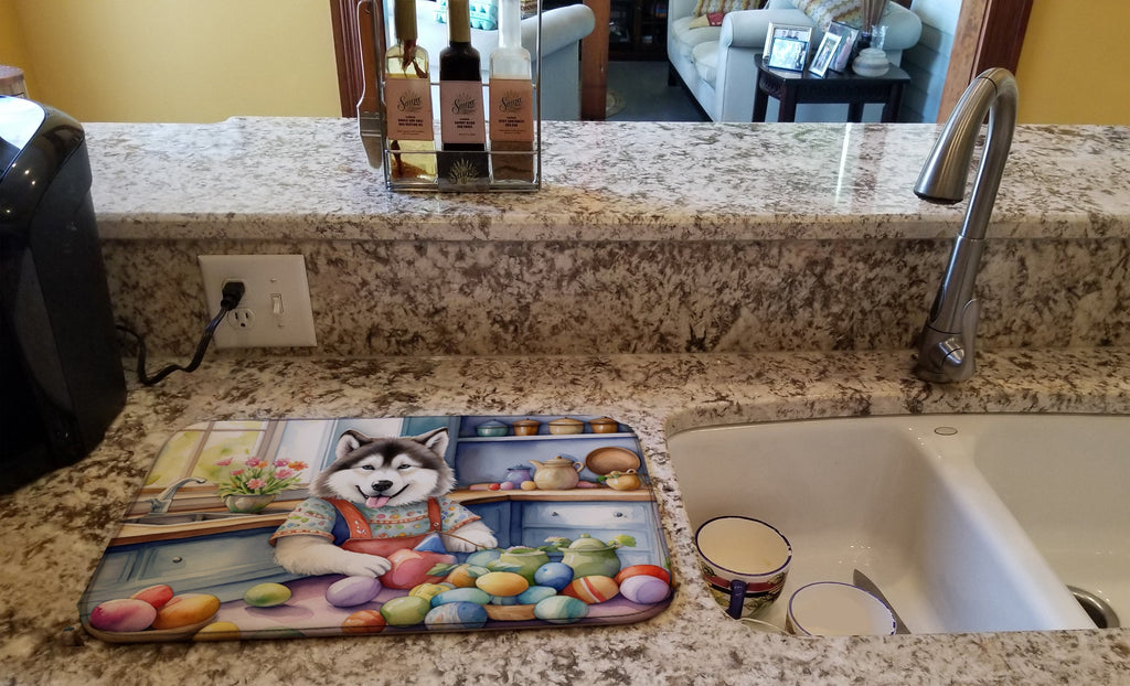 Decorating Easter Alaskan Malamute Dish Drying Mat Absorbent Dish Drying Mat Pad for Kitchen Counter Dish Drainer Mat for Countertop, 14 x 21", Multicolor