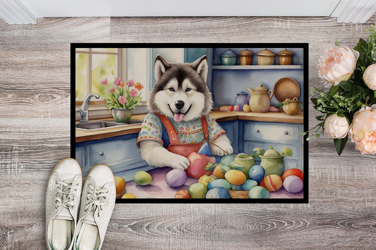 Decorating Easter Alaskan Malamute Doormat Indoor Outdoor 24H X 36W Front Door Mat Rugs for Entryway, Non Slip Washable Low Pile,