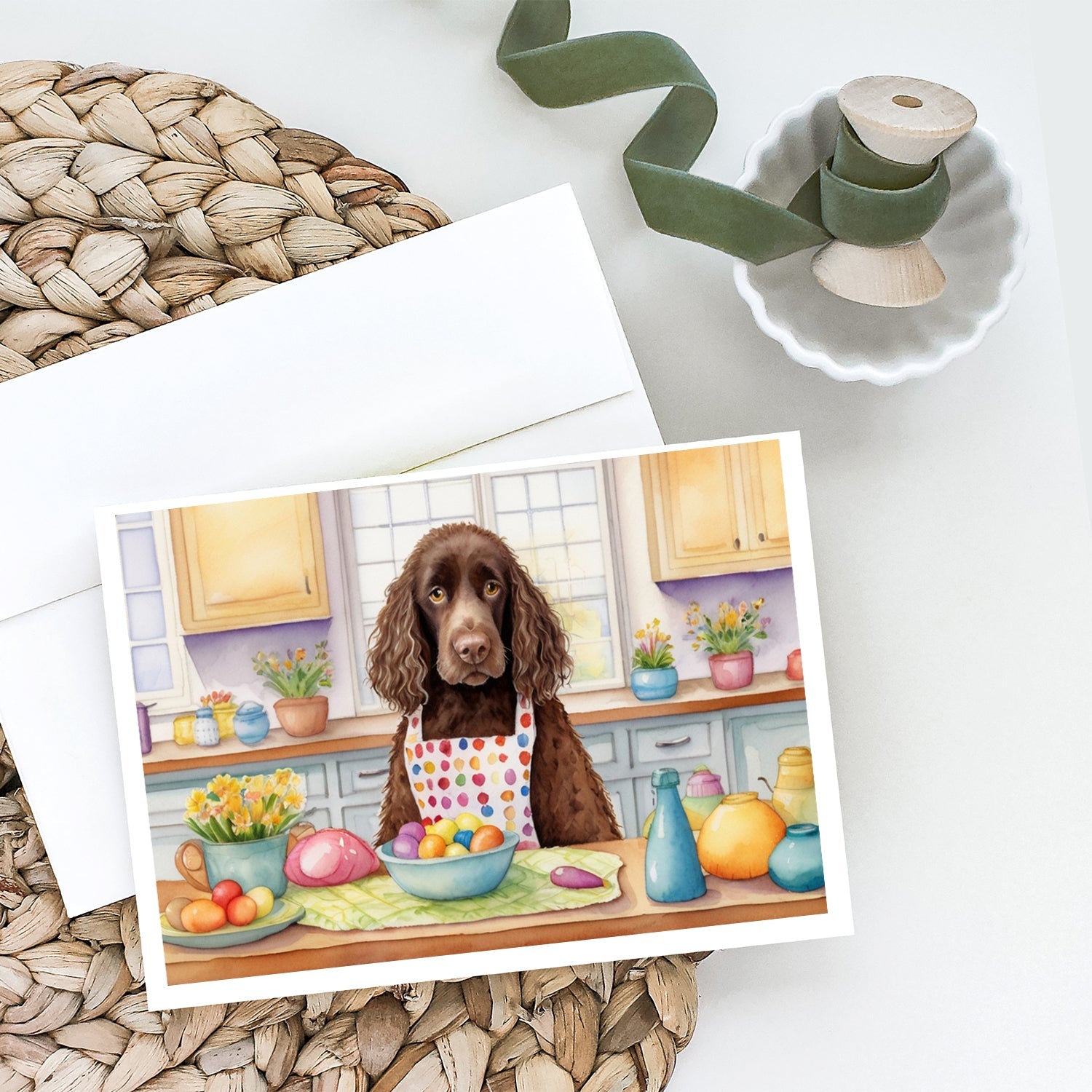 Decorating Easter American Water Spaniel Greeting Cards Pack of 8 Blank Cards with Envelopes Whimsical A7 Size 5x7