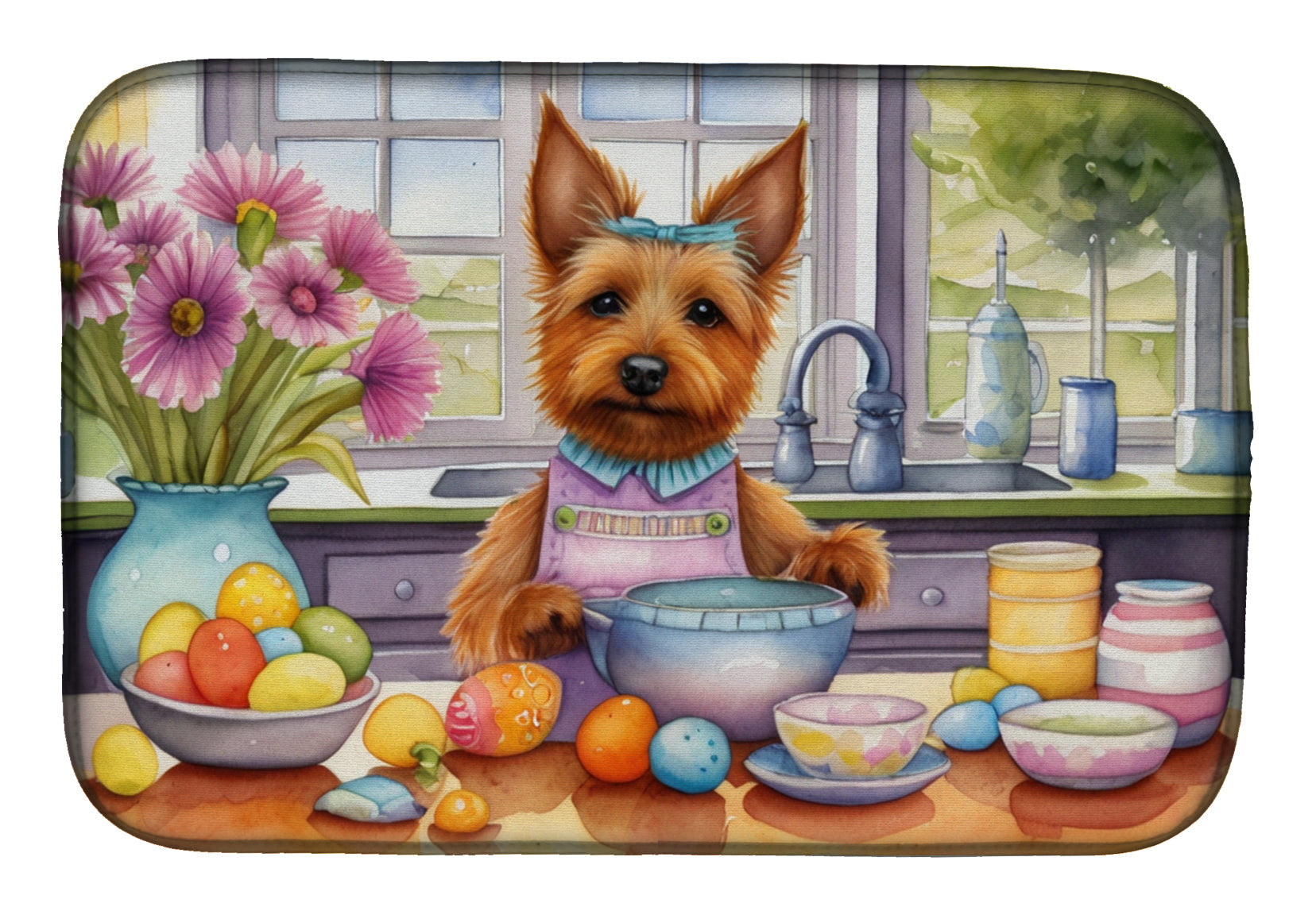 Decorating Easter Australian Terrier Dish Drying Mat Absorbent Dish Drying Mat Pad for Kitchen Counter Dish Drainer Mat for Countertop, 14 x 21", Multicolor