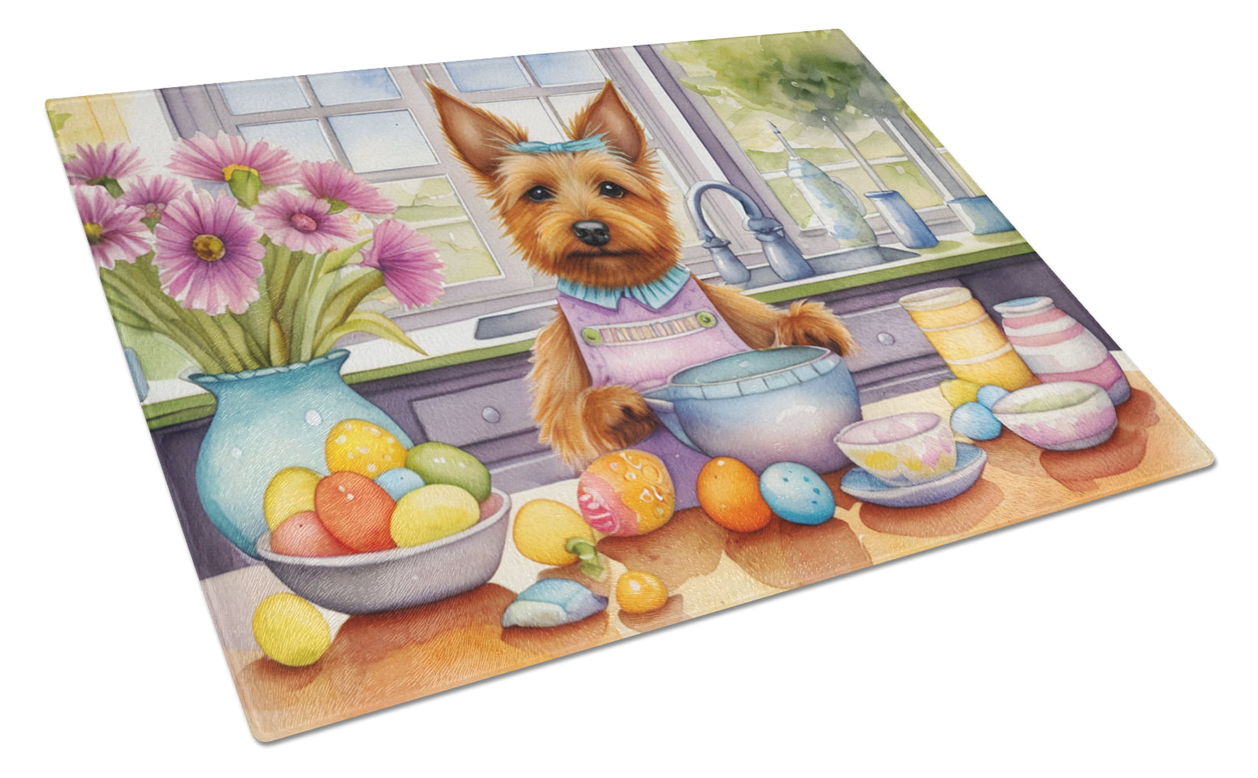 Decorating Easter Australian Terrier Cutting Board Tempered Glass Kitchen Cutting Surface, Heat Resistant Chopping, Non-Slip Feet, Food Prep & Serving