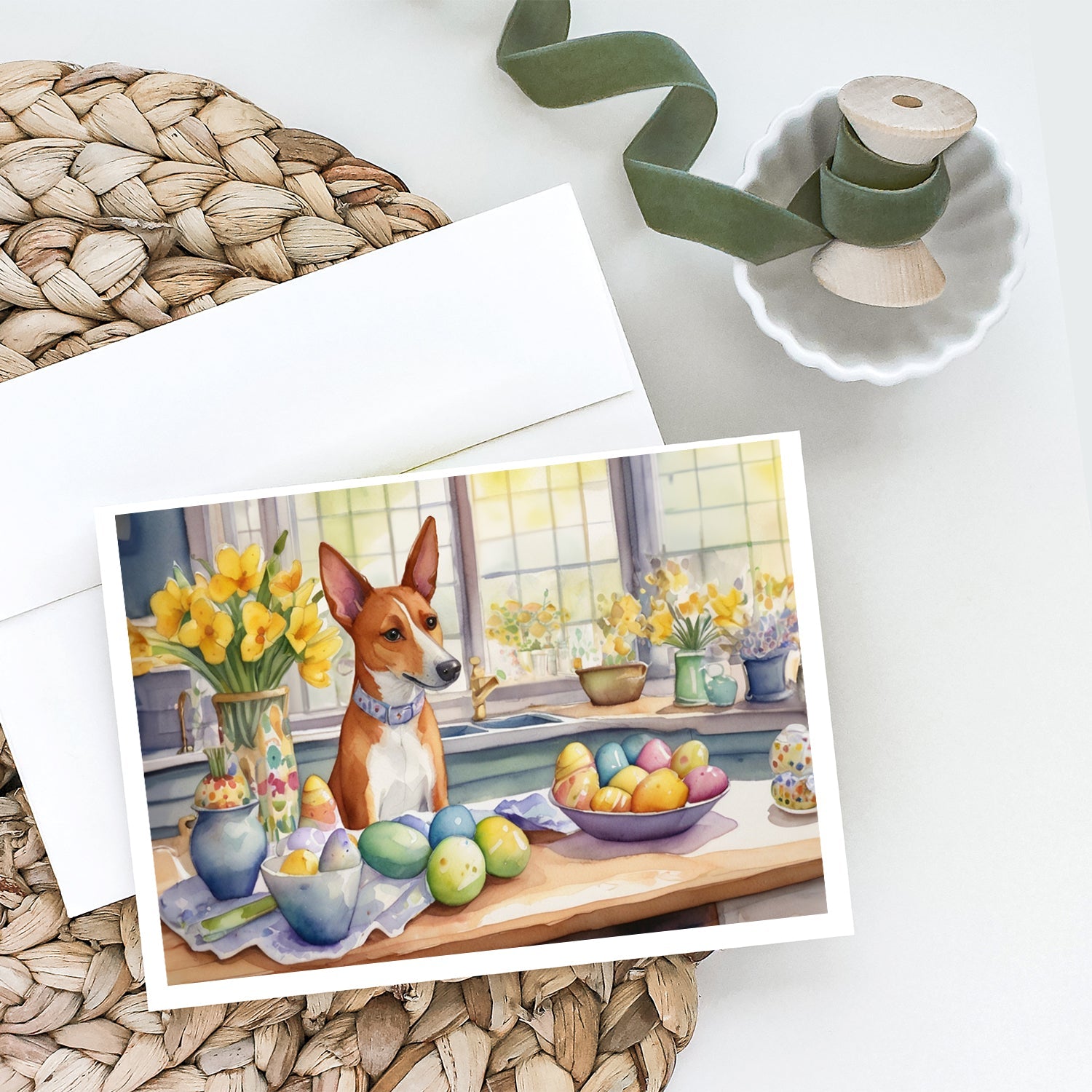 Decorating Easter Basenji Greeting Cards Pack of 8 Blank Cards with Envelopes Whimsical A7 Size 5x7
