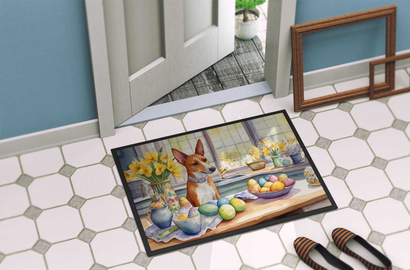Decorating Easter Basenji Doormat Indoor Outdoor 18H X 27W Front Door Mat Rugs for Entryway, Non Slip Washable