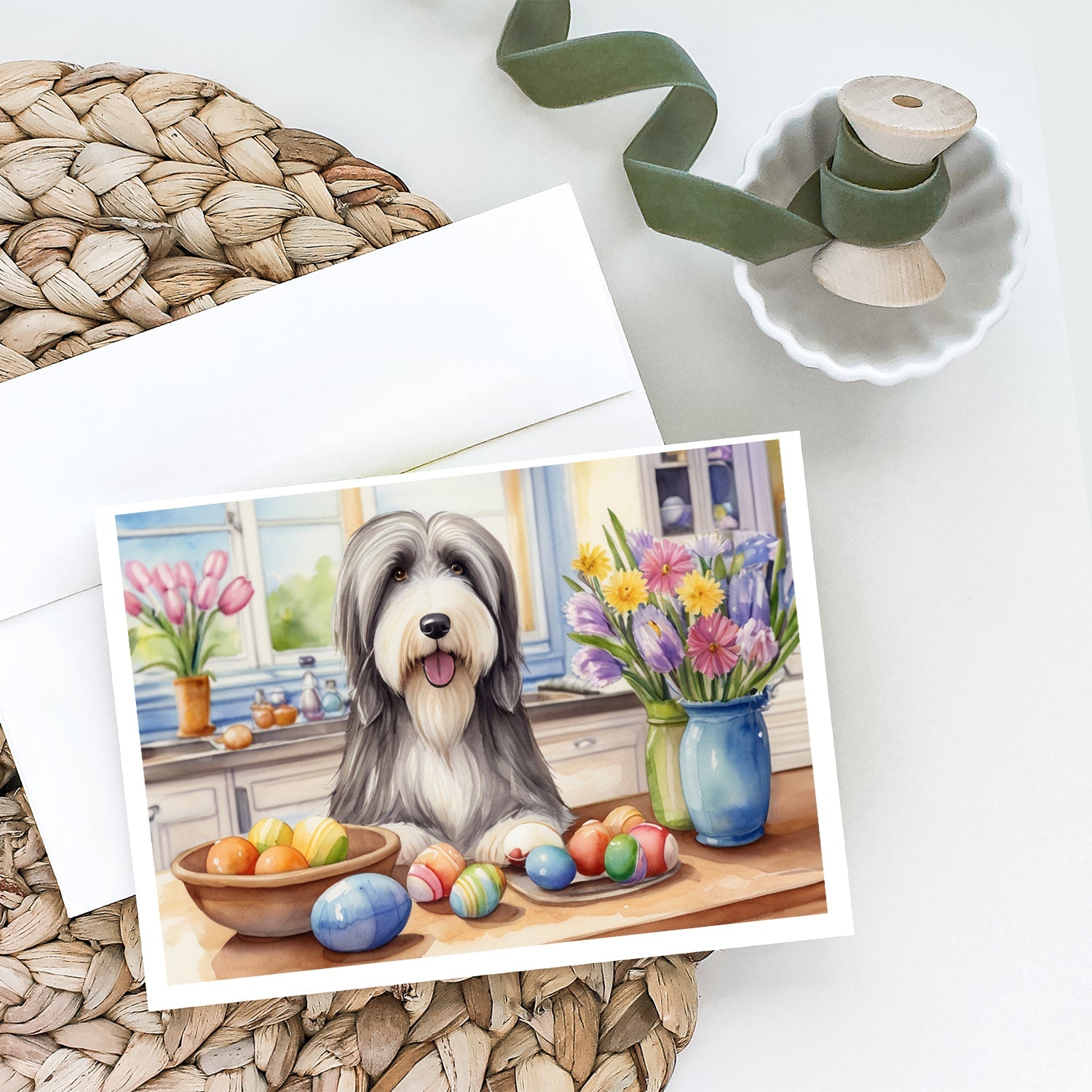 Decorating Easter Bearded Collie Greeting Cards Pack of 8 Blank Cards with Envelopes Whimsical A7 Size 5x7
